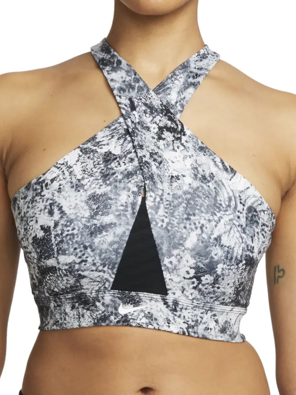 Nike Dri-Fit crossover halter neck sports bra black and white print. Size XS